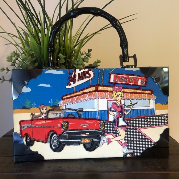 Vintage Choice Made Beaded Cigar Box Purse with Jerry's Drive-In, Car Hop, Chevy - Picture 1 of 15